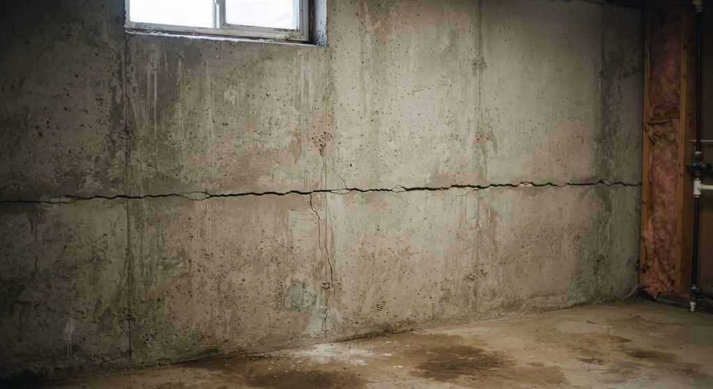 Cracked concrete foundation showing signs of frost heave damage in a Calgary home