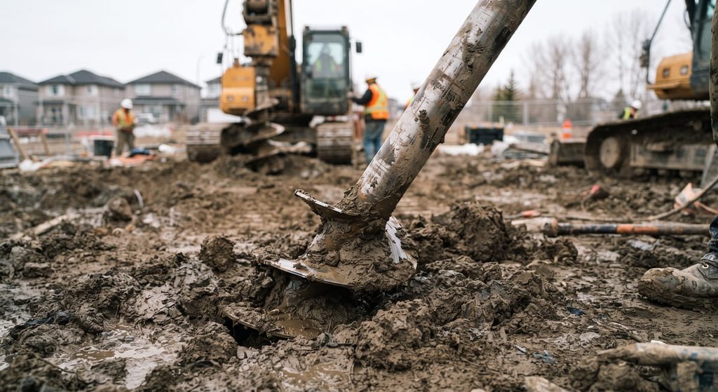 Close-up of a steel helical screw pile being driven into Calgary clay soil