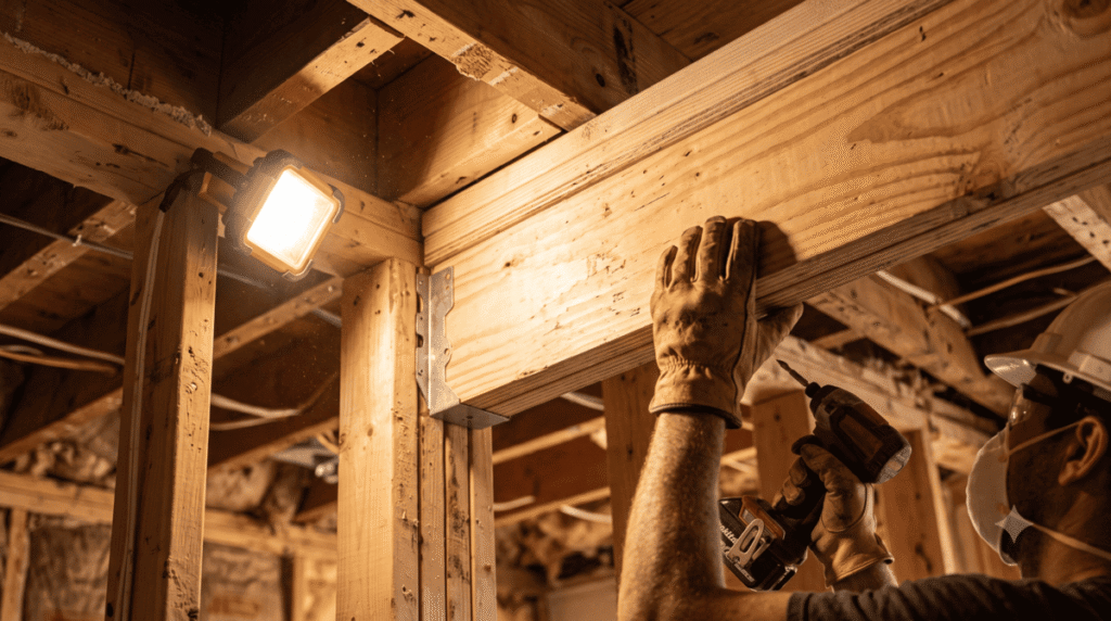 LVL beam being installed to replace a load bearing wall in a Calgary home renovation