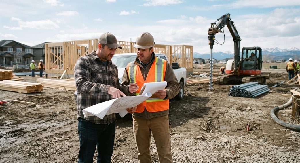 Homeowner reviewing a contract with a screw pile contractor on a Calgary construction site