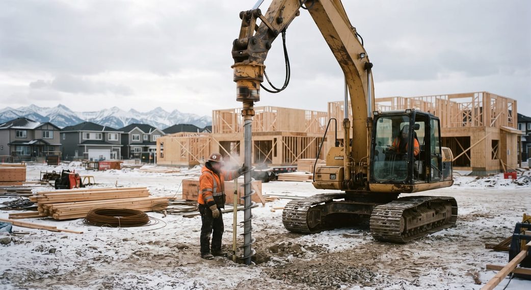 Steel screw pile being driven below the frost line on a Calgary construction site
