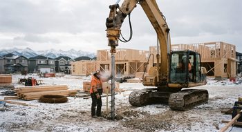 Steel screw pile being driven below the frost line on a Calgary construction site