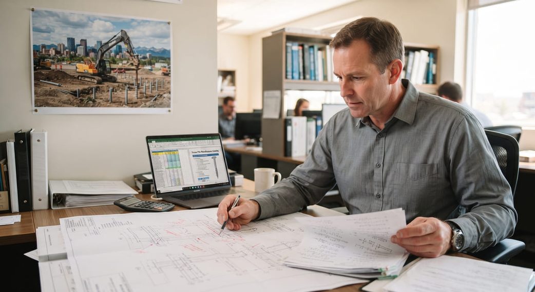 Structural engineer preparing screw pile engineering design drawings for a Calgary project