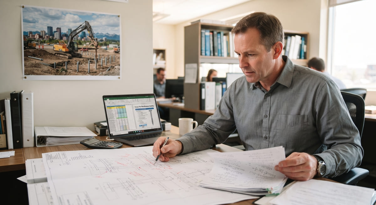 Structural engineer preparing screw pile engineering design drawings for a Calgary project