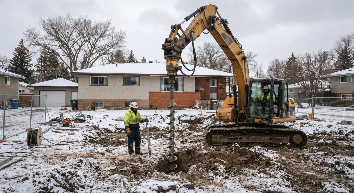 Screw pile foundation being installed on a residential construction site in Calgary