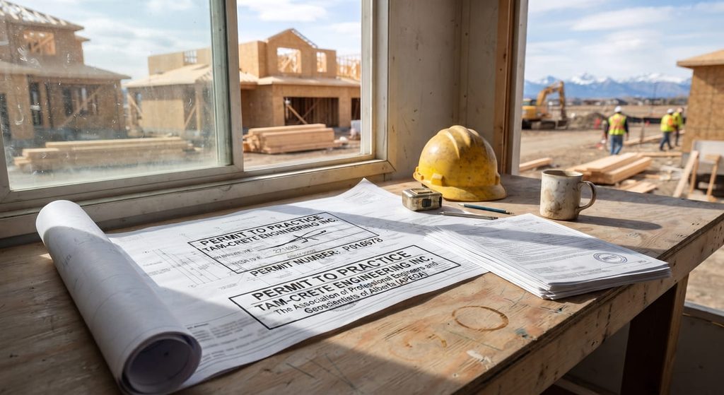 Building permit paperwork for a screw pile foundation project in Calgary