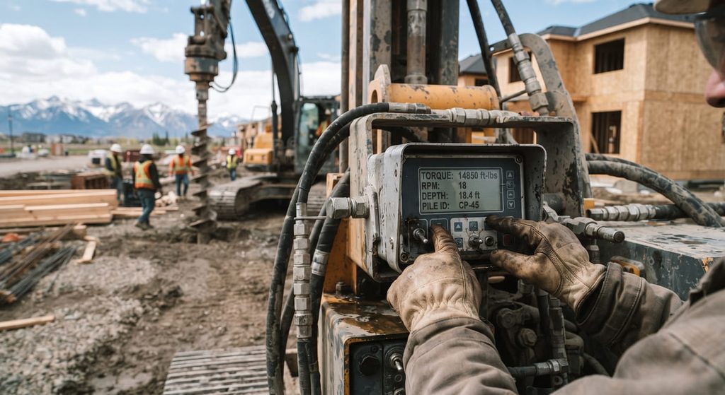 Installer monitoring torque readings during screw pile installation in Calgary
