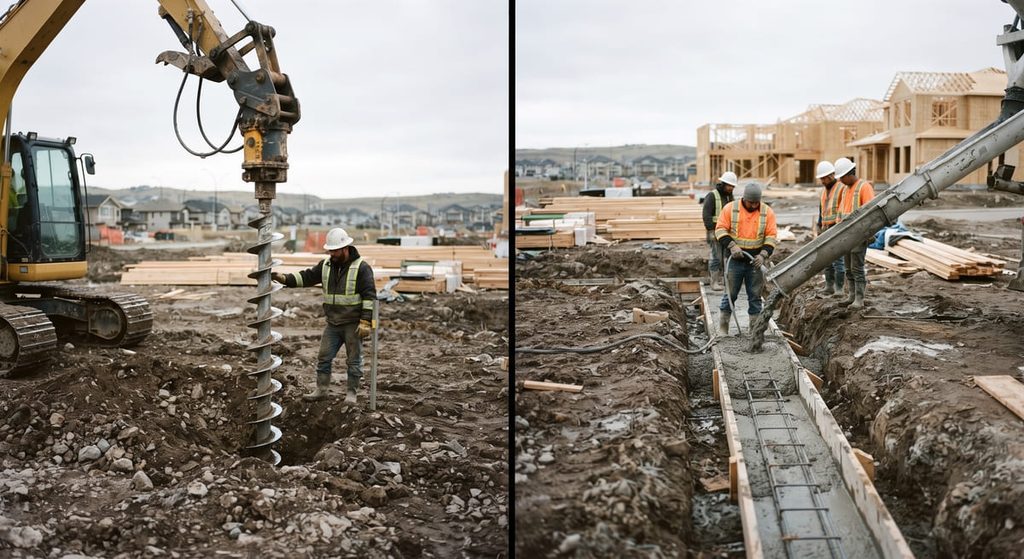 Side-by-side comparison of a screw pile foundation and a concrete foundation on a Calgary construction site