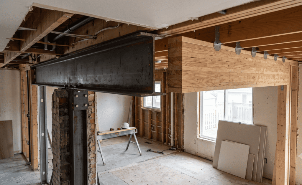 Comparison of a steel beam and an LVL beam used for load bearing wall removal in Calgary