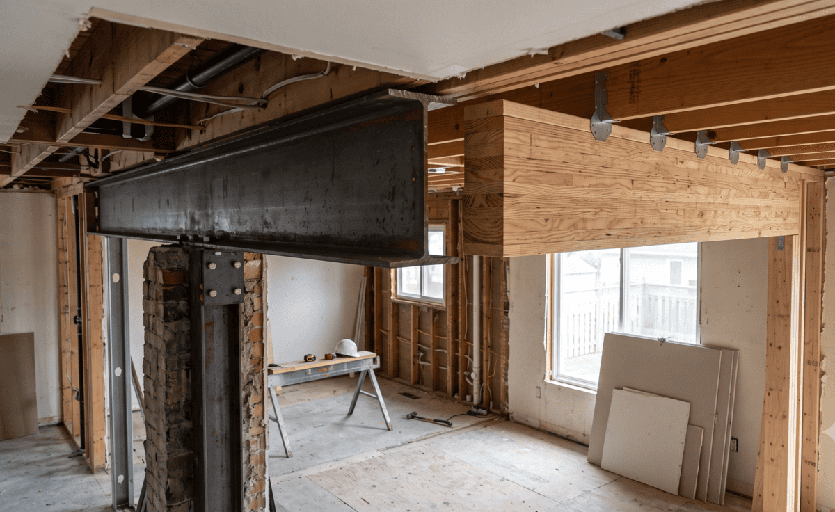Comparison of a steel beam and an LVL beam used for load bearing wall removal in Calgary