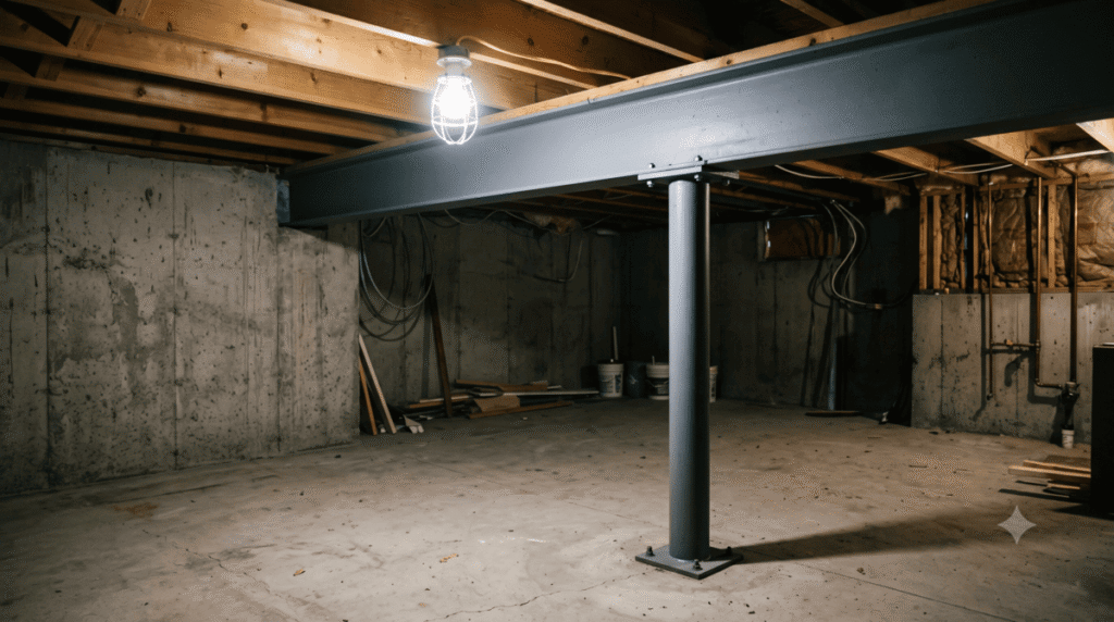 Steel I-beam and support column installed in a Calgary basement after load bearing wall removal