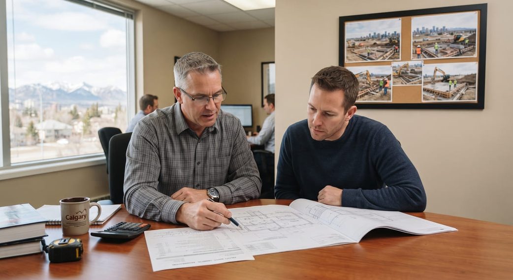 Structural engineer discussing screw pile design cost and scope with a Calgary homeowner