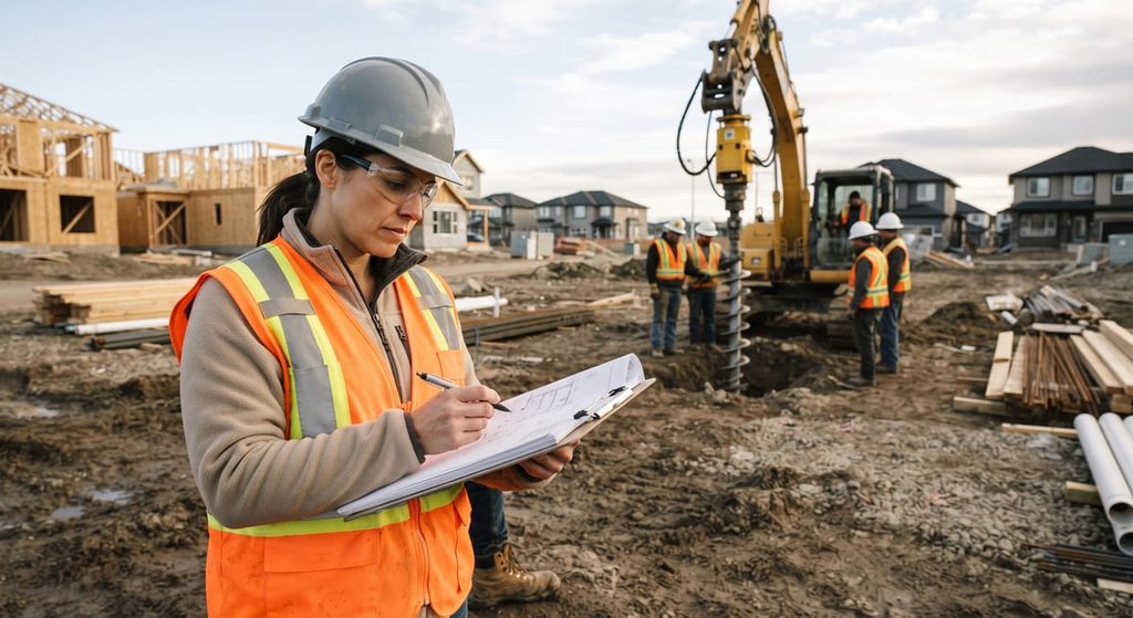 Structural engineer reviewing screw pile foundation design drawings on site in Calgary