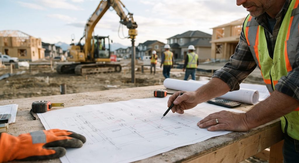 Structural engineer calculating pile spacing and load requirements for a screw pile foundation in Calgary
