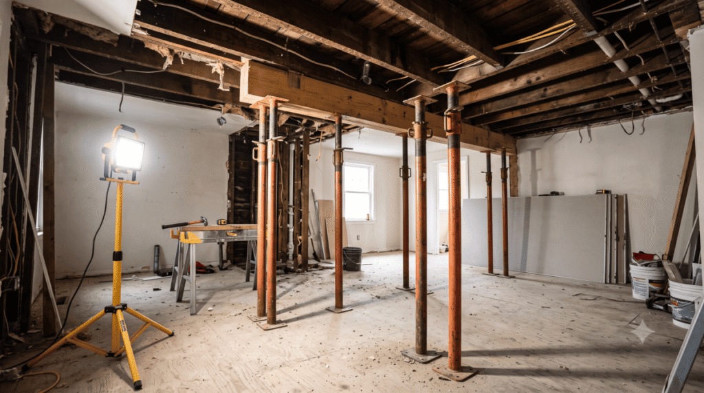 Temporary shoring supports installed during a load bearing wall removal in Calgary