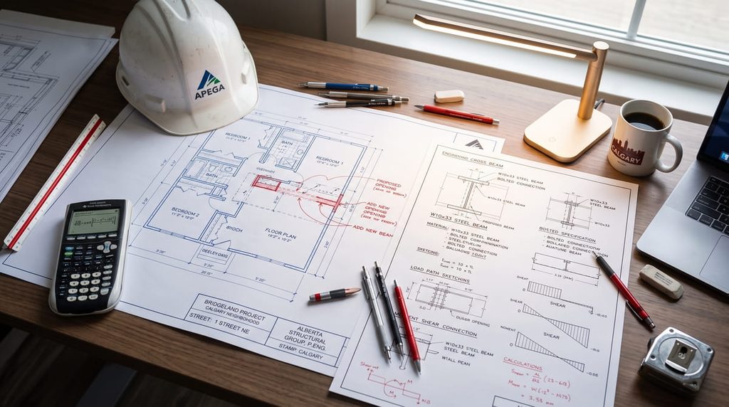 Structural engineer reviewing beam design drawings for a Calgary wall removal project